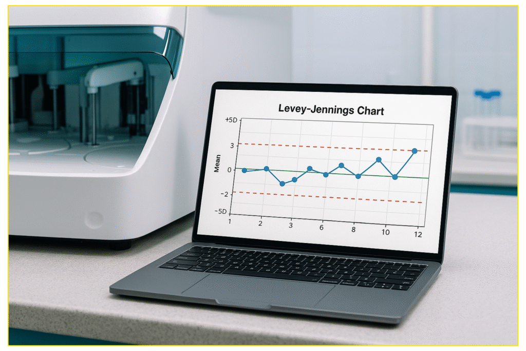 Notebook exibindo gráficos de controle e equipamento de laboratório ao fundo
